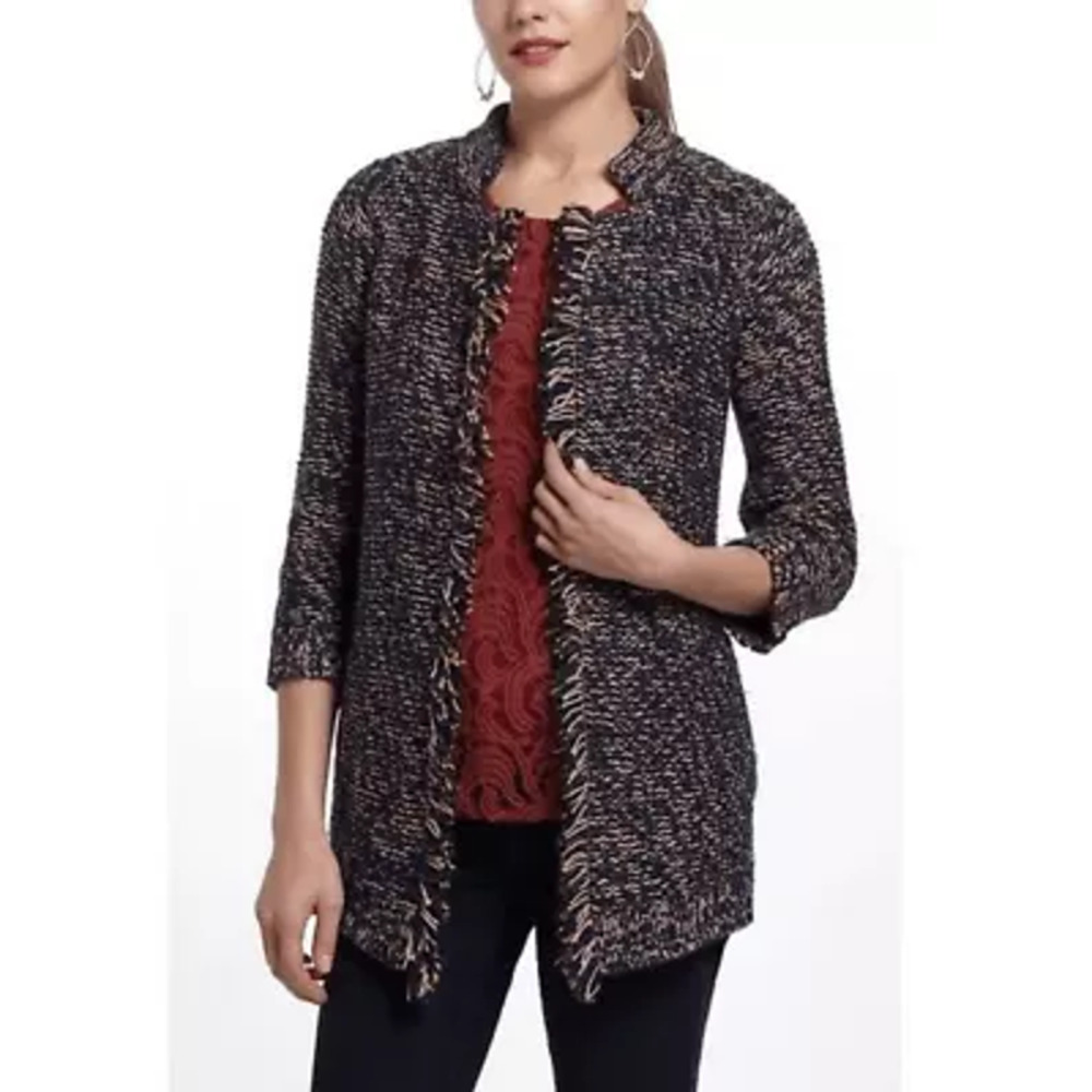 Anthropologie Sparrow Marled Peat Open Front Fringe Cardigan Sweater Size S